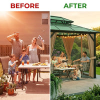 12'X10' Hardtop Gazebo, Aluminum Permanent Pavilion with Polycarbonate Double Roof, Removable Curtains & Mosquito Netting for Patio, Garden, Lawn, Upgrade Your Outdoors (Brown, 12'X10') — Before & After