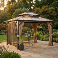 12'X10' Hardtop Gazebo, Aluminum Permanent Pavilion with Polycarbonate Double Roof, Removable Curtains & Mosquito Netting for Patio, Garden, Lawn, Upgrade Your Outdoors (Brown, 12'X10') — Studio Shot