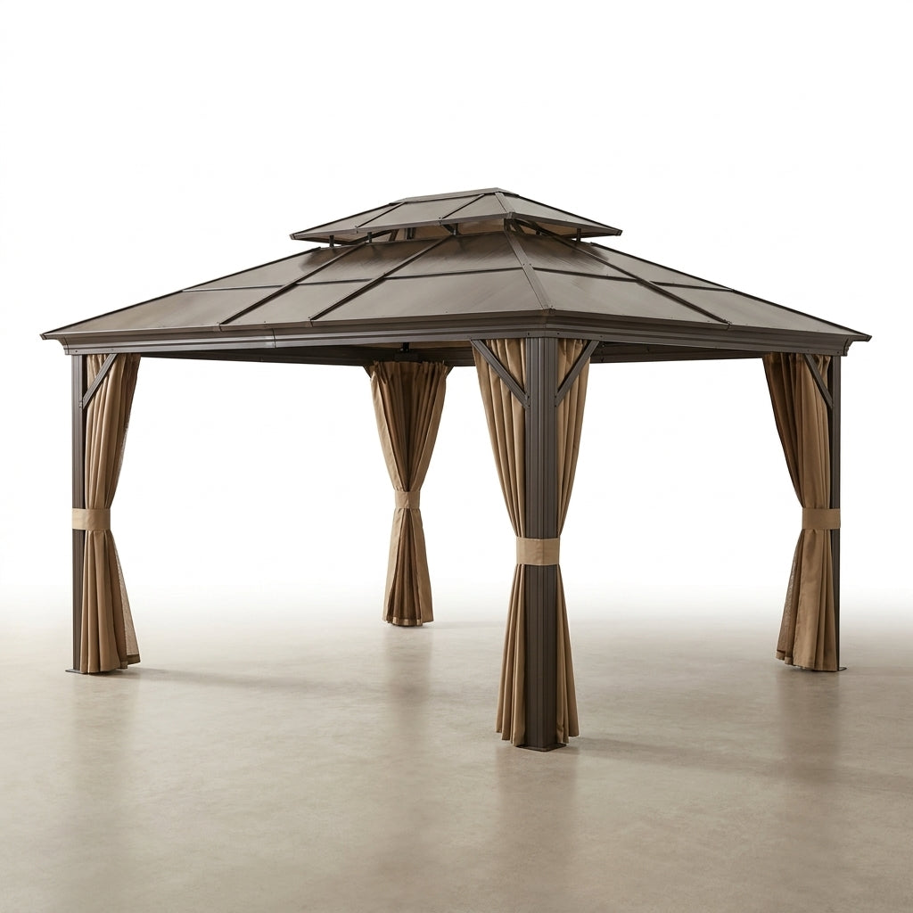 12'X10' Hardtop Gazebo, Aluminum Permanent Pavilion with Polycarbonate Double Roof, Removable Curtains & Mosquito Netting for Patio, Garden, Lawn, Upgrade Your Outdoors (Brown, 12'X10') — Studio Shot