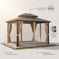 12'X10' Hardtop Gazebo, Aluminum Permanent Pavilion with Polycarbonate Double Roof, Removable Curtains & Mosquito Netting for Patio, Garden, Lawn, Upgrade Your Outdoors (Brown, 12'X10') — infographic