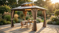 12'X10' Hardtop Gazebo, Aluminum Permanent Pavilion with Polycarbonate Double Roof, Removable Curtains & Mosquito Netting for Patio, Garden, Lawn, Upgrade Your Outdoors (Brown, 12'X10') — Lifestyle