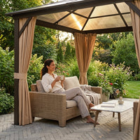 12'X10' Hardtop Gazebo, Aluminum Permanent Pavilion with Polycarbonate Double Roof, Removable Curtains & Mosquito Netting for Patio, Garden, Lawn, Upgrade Your Outdoors (Brown, 12'X10') — Lifestyle