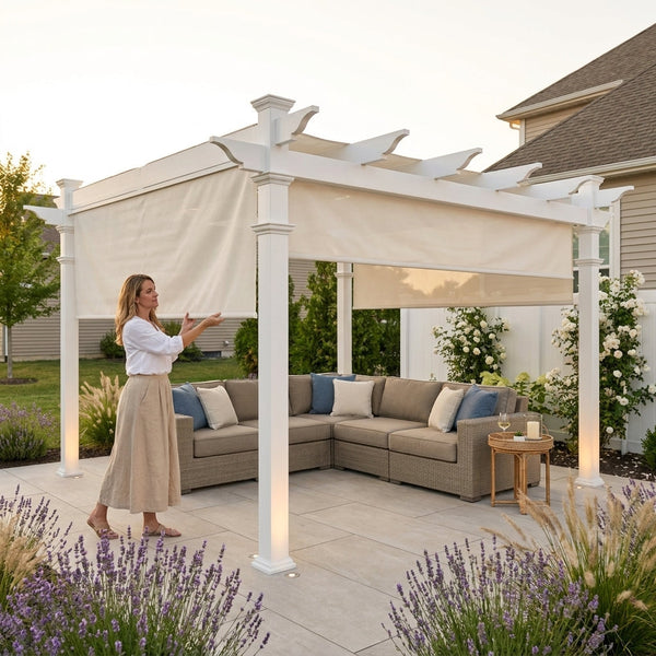 Outdoor Pergola Built for Year-Round Entertaining, 10x10 Weather-Resistant Vinyl, Adjustable Canvas Canopy