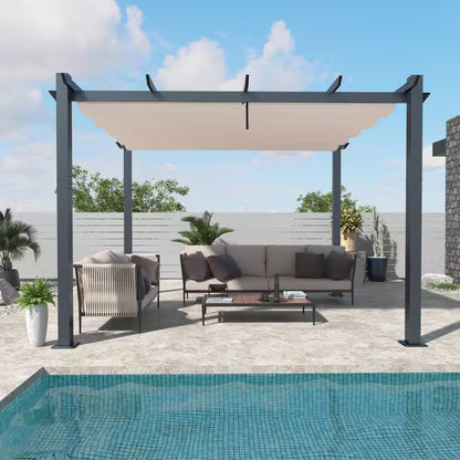 10 Ft. X 10 Ft. Beige Aluminum Outdoor Patio Pergola with Retractable Sun Shade Canopy Cover