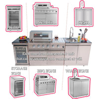 Outdoor Kitchen Island Built for Entertaining, 104" Propane Gas Grill, Built-in Sink, Compact Refrigerator