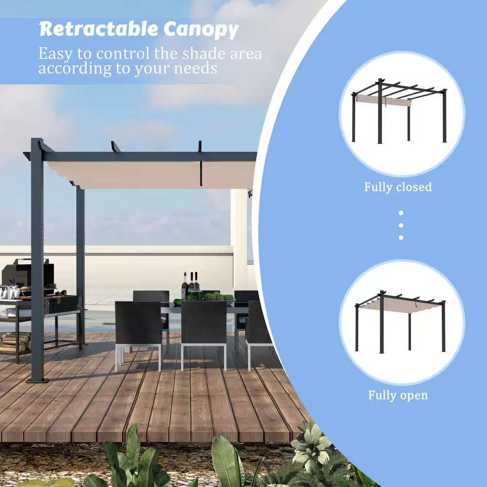 10 Ft. X 10 Ft. Beige Aluminum Outdoor Patio Pergola with Retractable Sun Shade Canopy Cover