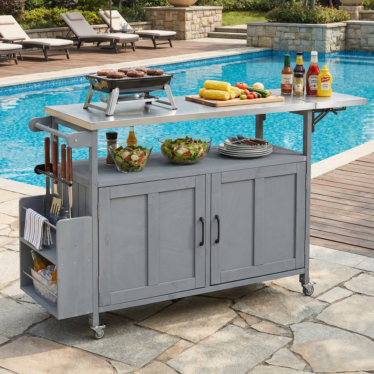 Foldable Outdoor Kitchen Island with Lockable Wheels