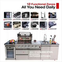 Outdoor Kitchen Island Built for Entertaining, 104" Propane Gas Grill, Built-in Sink, Compact Refrigerator