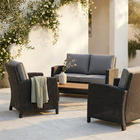 4-Piece Wicker Patio Conversation Set with Cushion, Outdoor Patio Furniture Set with Wood Table Top-Grey Cushions — Studio Shot