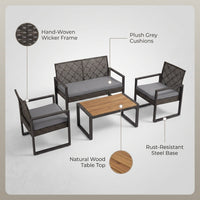 4-Piece Wicker Patio Conversation Set with Cushion, Outdoor Patio Furniture Set with Wood Table Top-Grey Cushions — infographic