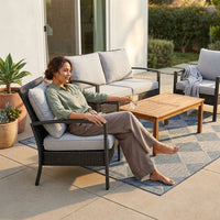 4-Piece Wicker Patio Conversation Set with Cushion, Outdoor Patio Furniture Set with Wood Table Top-Grey Cushions — Lifestyle