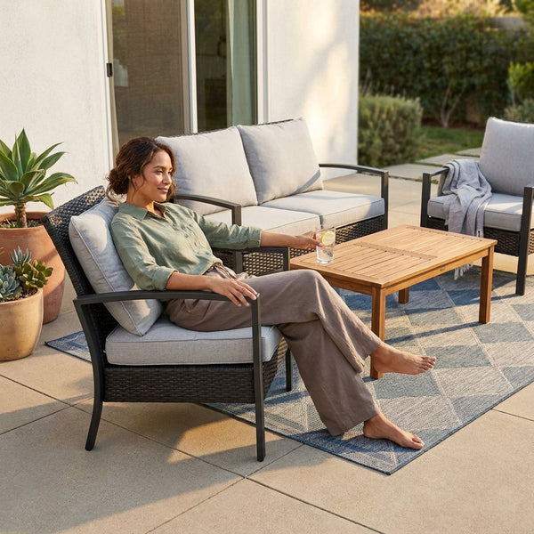 Patio Conversation Set Designed for Outdoor Entertaining, Acacia Wood Table, Durable Iron Frame, 4 Pieces