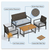 4-Piece Wicker Patio Conversation Set with Cushion, Outdoor Patio Furniture Set with Wood Table Top-Grey Cushions — How It Works