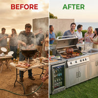 Modular Outdoor Kitchen BBQ Island, 104" Outdoor Kitchen Propane Gas Island Grill with Sink, Compact Refrigerator, Storage Cabinets, Rotisserie Kit (Silver, 104") — Before & After