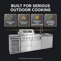 Modular Outdoor Kitchen BBQ Island, 104" Outdoor Kitchen Propane Gas Island Grill with Sink, Compact Refrigerator, Storage Cabinets, Rotisserie Kit (Silver, 104") — Results & Stats