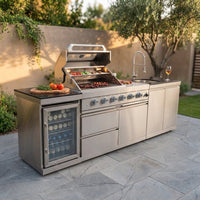 Modular Outdoor Kitchen BBQ Island, 104" Outdoor Kitchen Propane Gas Island Grill with Sink, Compact Refrigerator, Storage Cabinets, Rotisserie Kit (Silver, 104") — Studio Shot
