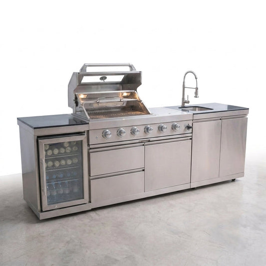 Modular Outdoor Kitchen BBQ Island, 104" Outdoor Kitchen Propane Gas Island Grill with Sink, Compact Refrigerator, Storage Cabinets, Rotisserie Kit (Silver, 104") — Studio Shot
