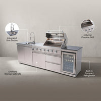Modular Outdoor Kitchen BBQ Island, 104" Outdoor Kitchen Propane Gas Island Grill with Sink, Compact Refrigerator, Storage Cabinets, Rotisserie Kit (Silver, 104") — infographic