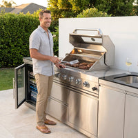 Modular Outdoor Kitchen BBQ Island, 104" Outdoor Kitchen Propane Gas Island Grill with Sink, Compact Refrigerator, Storage Cabinets, Rotisserie Kit (Silver, 104") — Lifestyle