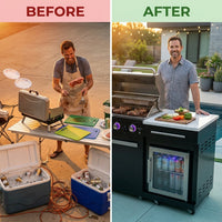Outdoor Kitchen Island Built for Backyard Entertaining, 70" Black Stainless Steel, 4-Burner Grill, Refrigerator — Before & After