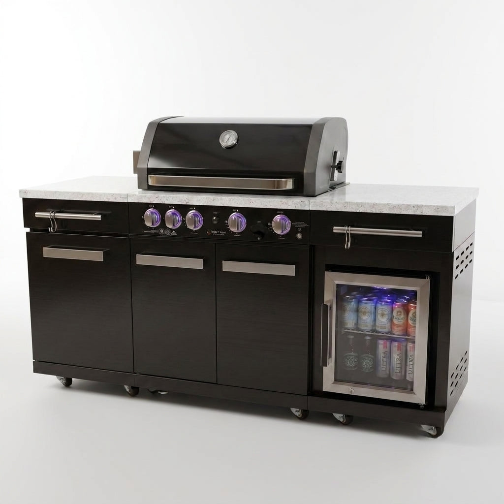 Outdoor Kitchen Island Built for Backyard Entertaining, 70" Black Stainless Steel, 4-Burner Grill, Refrigerator — Studio Shot