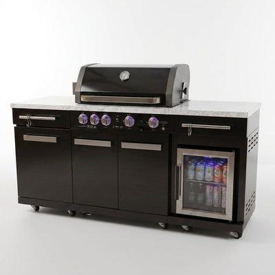 Outdoor Kitchen Island Built for Backyard Entertaining, 70" Black Stainless Steel, 4-Burner Grill, Refrigerator