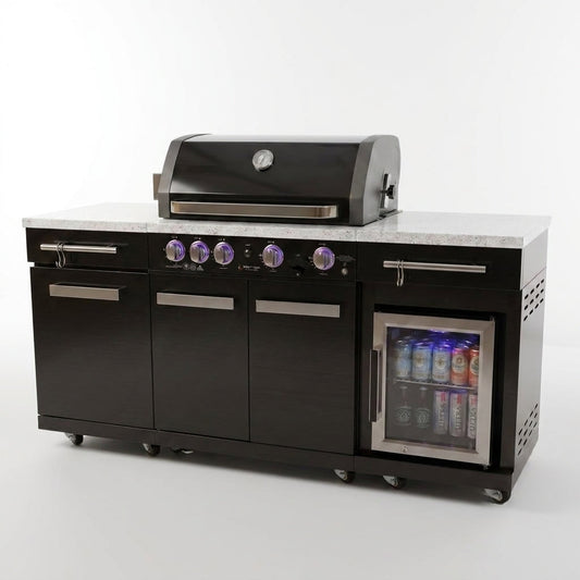 Outdoor Kitchen Island Built for Backyard Entertaining, 70" Black Stainless Steel, 4-Burner Grill, Refrigerator — Studio Shot