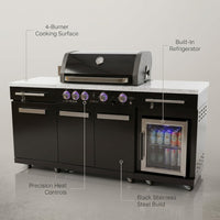 Outdoor Kitchen Island Built for Backyard Entertaining, 70" Black Stainless Steel, 4-Burner Grill, Refrigerator — infographic