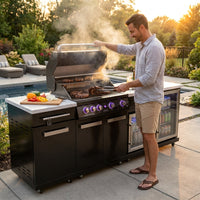 Outdoor Kitchen Island Built for Backyard Entertaining, 70" Black Stainless Steel, 4-Burner Grill, Refrigerator — Lifestyle