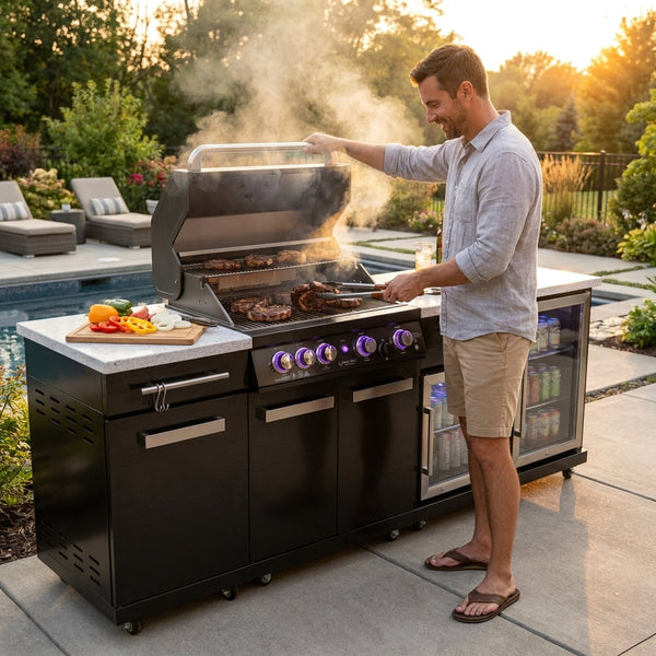 Outdoor Kitchen Island Built for Backyard Entertaining, 70" Black Stainless Steel, 4-Burner Grill, Refrigerator
