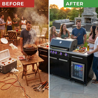 Premium 70" Black Stainless Steel Outdoor Kitchen Island with Refrigerator + 32"W 4-Burner BBQ Grill with Rear Burner — Before & After