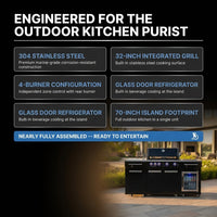 Premium 70" Black Stainless Steel Outdoor Kitchen Island with Refrigerator + 32"W 4-Burner BBQ Grill with Rear Burner — Results & Stats