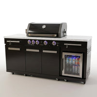 Premium 70" Black Stainless Steel Outdoor Kitchen Island with Refrigerator + 32"W 4-Burner BBQ Grill with Rear Burner — Studio Shot