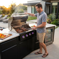 Premium 70" Black Stainless Steel Outdoor Kitchen Island with Refrigerator + 32"W 4-Burner BBQ Grill with Rear Burner — Lifestyle