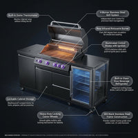 Premium 70" Black Stainless Steel Outdoor Kitchen Island with Refrigerator + 32"W 4-Burner BBQ Grill with Rear Burner — How It Works
