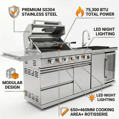 84-Inch Deluxe Stainless Steel Outdoor Kitchen Barbecue Island Grill