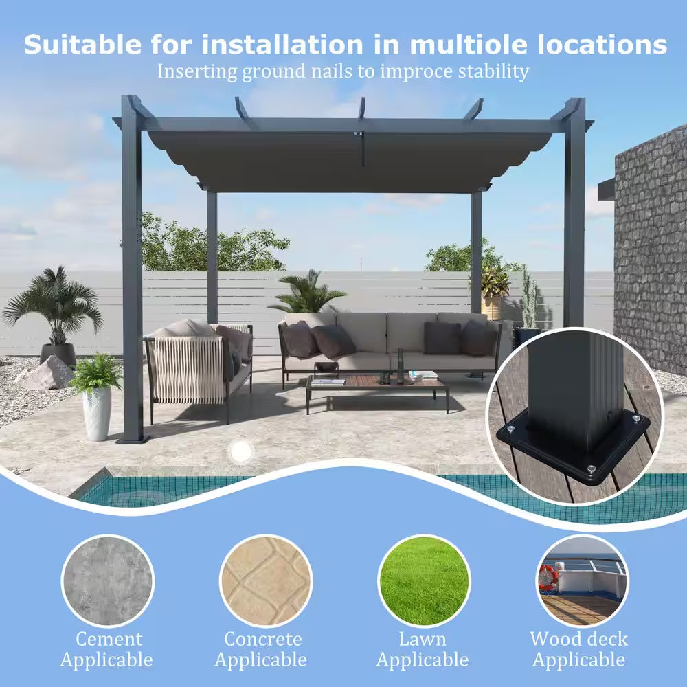 10 Ft. X 10 Ft. Beige Aluminum Outdoor Patio Pergola with Retractable Sun Shade Canopy Cover