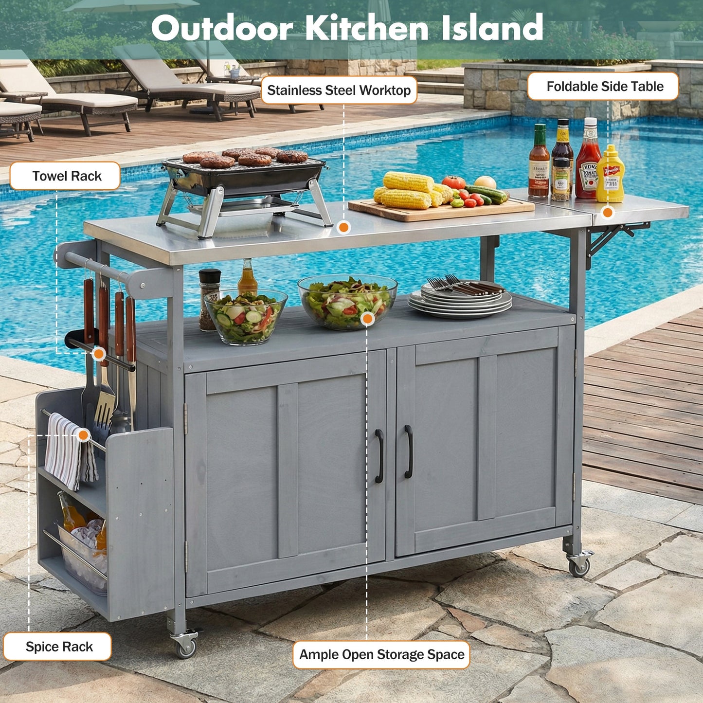 Foldable Outdoor Kitchen Island with Lockable Wheels