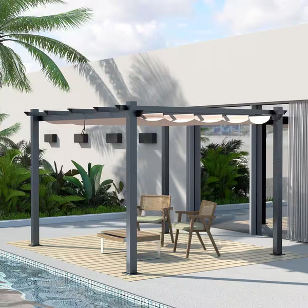 10 Ft. X 10 Ft. Beige Aluminum Outdoor Patio Pergola with Retractable Sun Shade Canopy Cover
