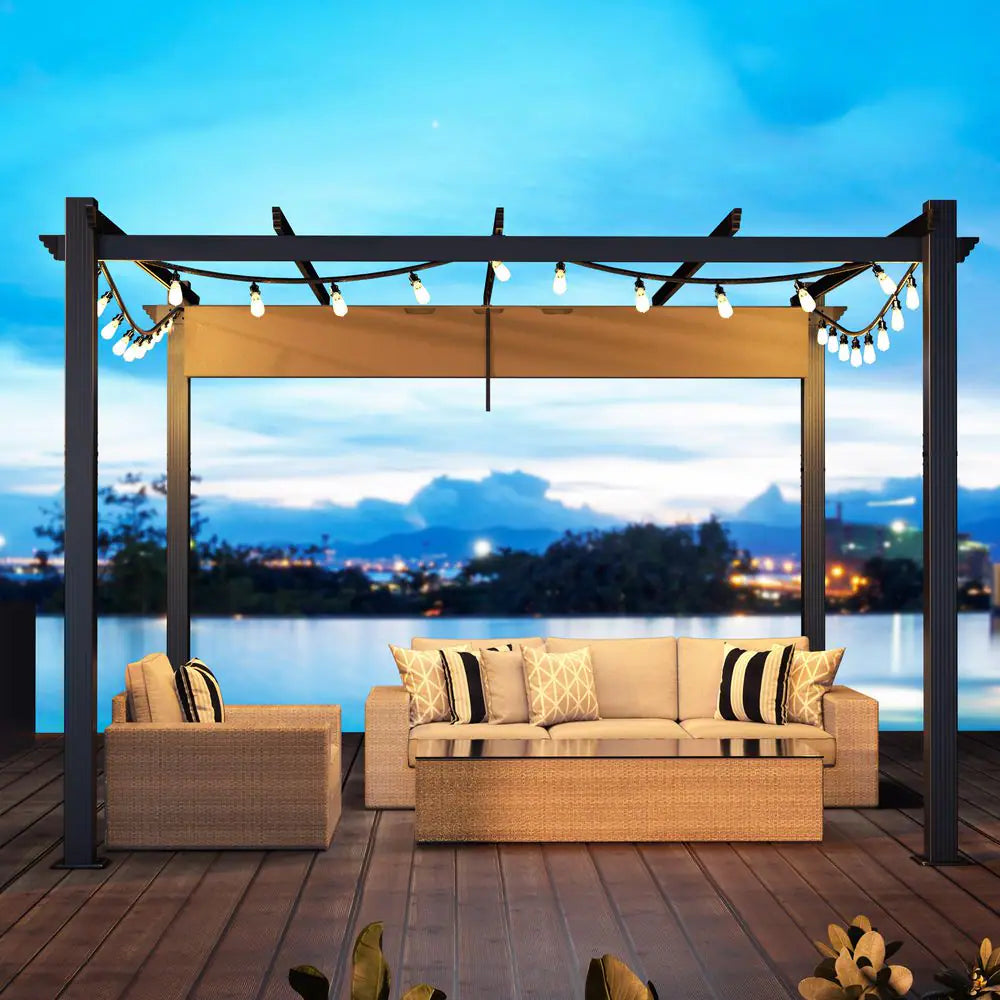 10 Ft. X 10 Ft. Beige Aluminum Outdoor Patio Pergola with Retractable Sun Shade Canopy Cover