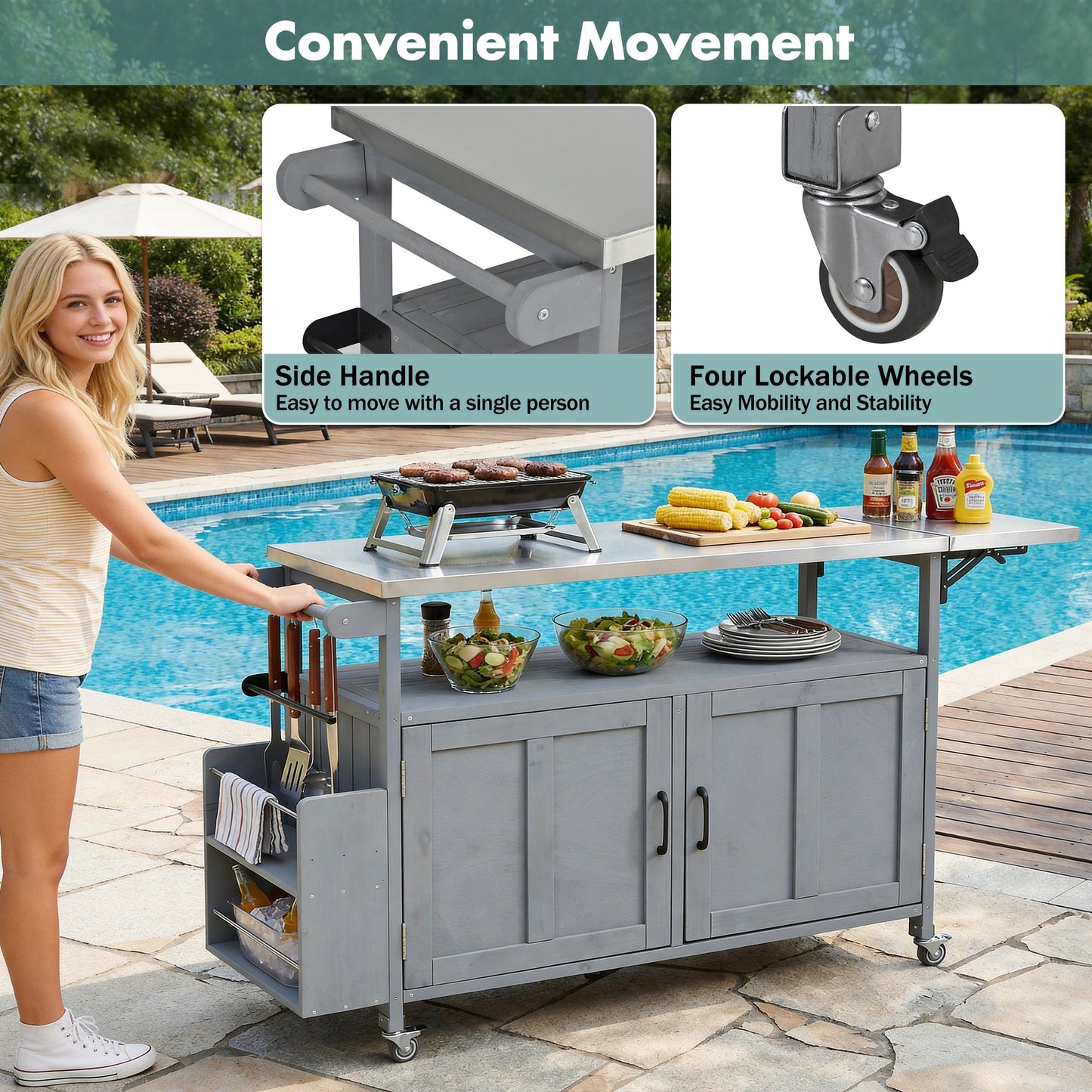 Foldable Outdoor Kitchen Island with Lockable Wheels