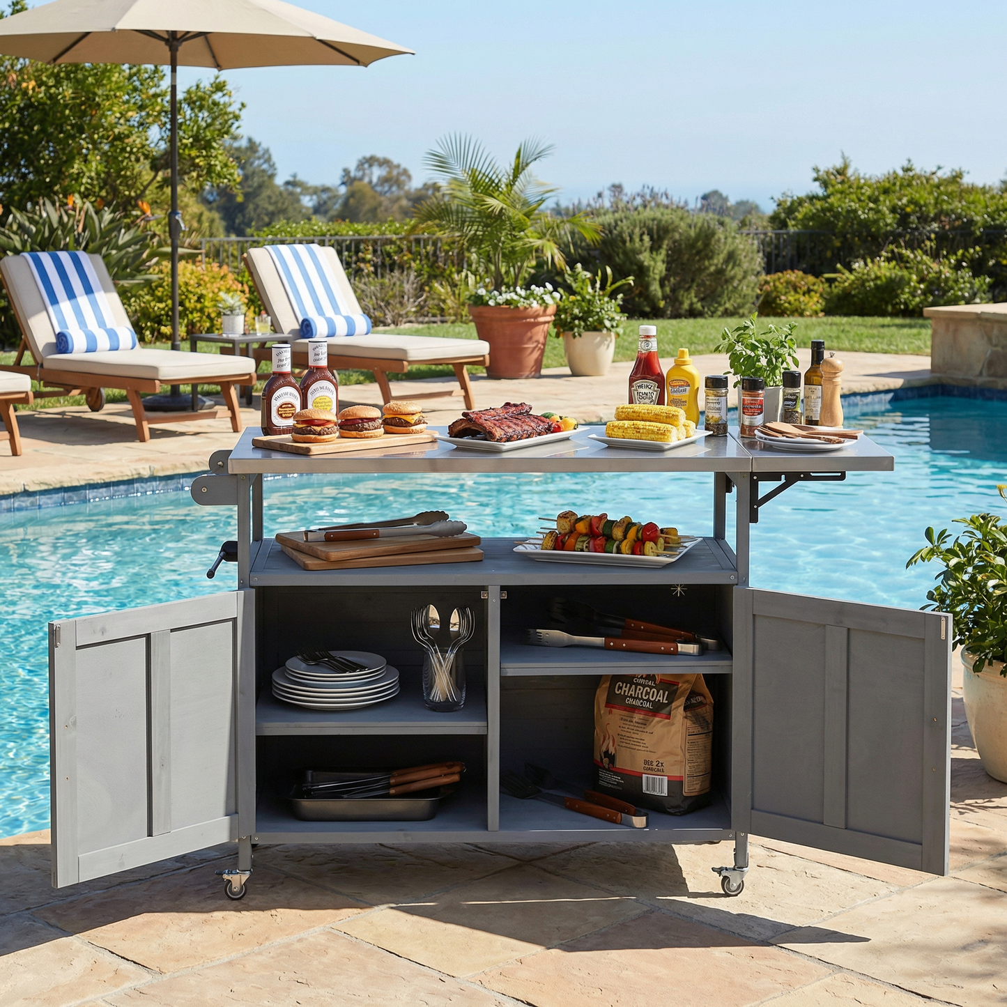 Foldable Outdoor Kitchen Island with Lockable Wheels