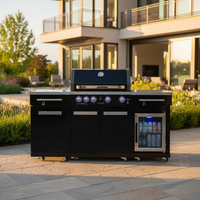 Outdoor Kitchen Island Built for Backyard Entertaining, 70" Black Stainless Steel, 4-Burner Grill, Refrigerator